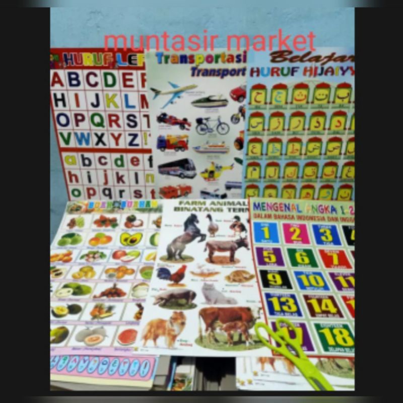 Promo paket 6 Poster ( hijaiyah, huruf, angka, buah, hewan dan transportasi )