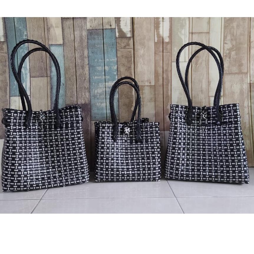 COD✔️Tas Jali Jali/ Totebag / Tas Anyaman / Tas Anyaman Plastik Monokuro (Size L)|KD6