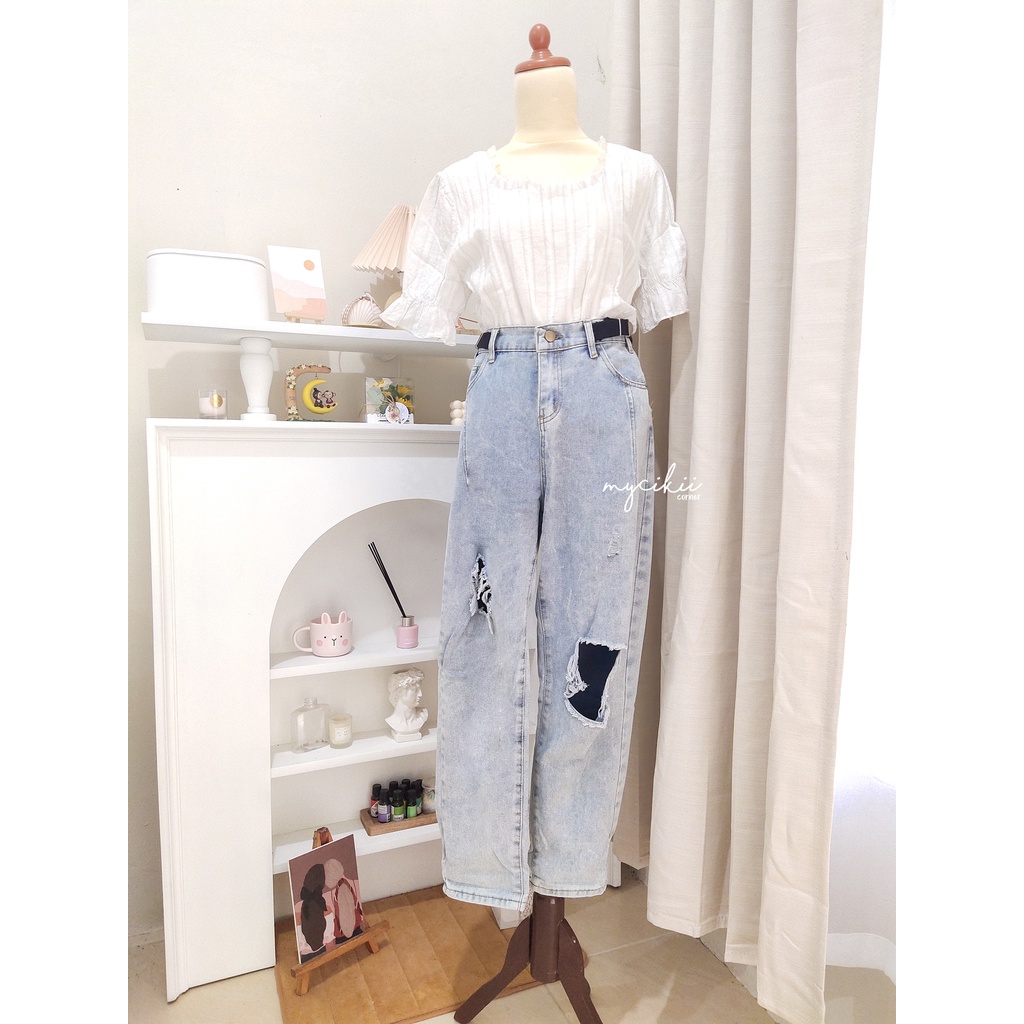 MyCikii Ripped Boyfriend Jeans / celana denim premium / celana jeans wanita import korea / celana je