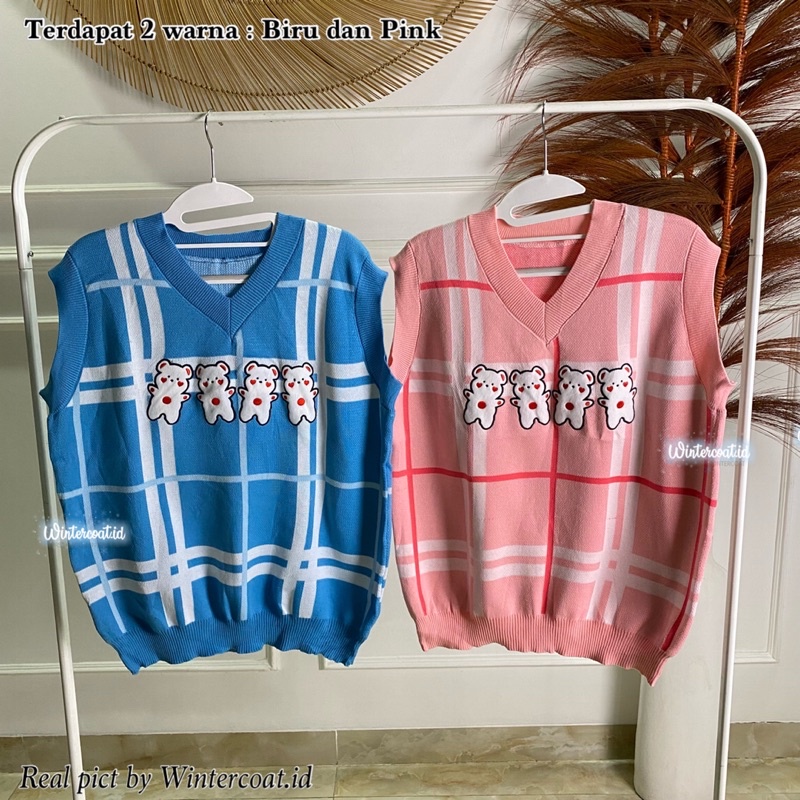 Vest import rompi rajut wanita cewek korea oversized bearly bear pink biru