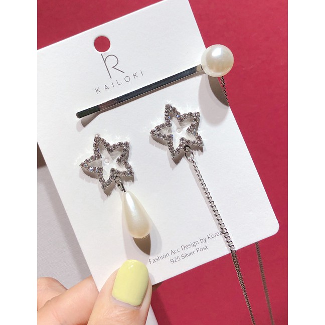 LRC Anting Tusuk Fashion Silver S925 Silver Pin Asymmetric Pearl Five-pointed Star Earrings D06493