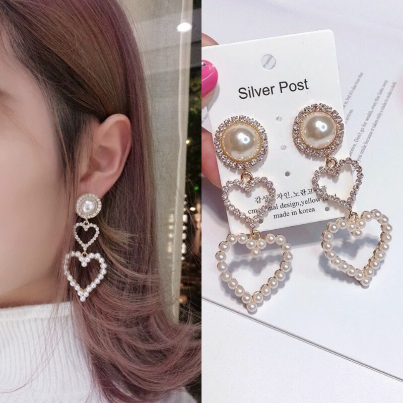 Anting Panjang Desain Hati Ganda Aksen Mutiara Berlian Gaya Korea