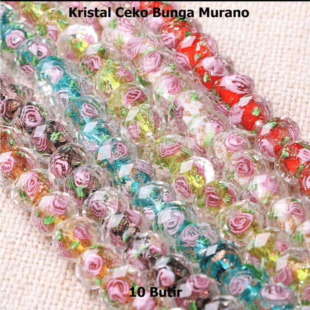 Bahan Gelang Batu Crystal Ceko Bunga Lampwork Murano / Manik Manik Batu Crystal Bunga Murano  Harga/10Butir