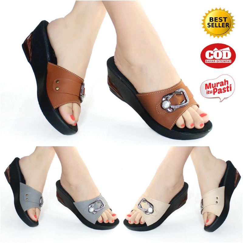 Sandal Sendal Wanita Wedges Cewek Casual Selop / Slop Hak Tinggi Ibu Ibu Kondangan Kulit Sintetis Murah Terbaru ZN04