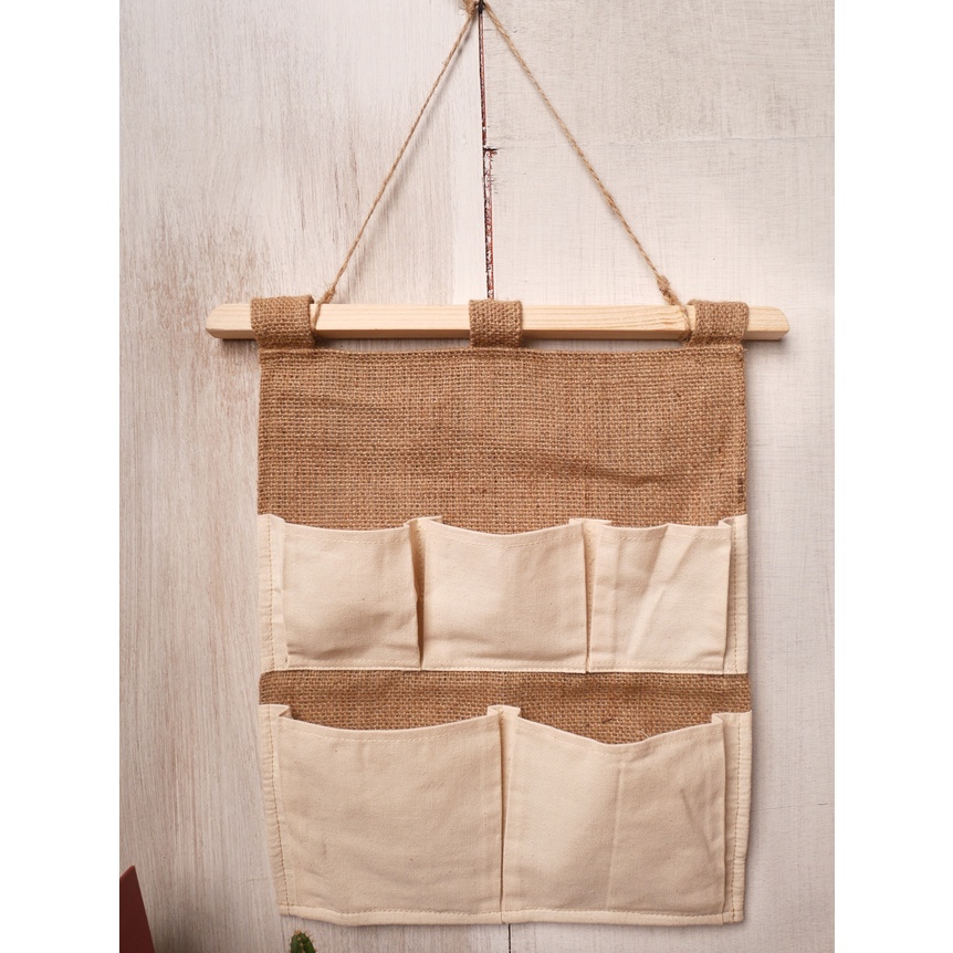 Pajangan Dinding Aesthetic Wall Pocket Goni Canvas 5 Saku Dekorasi Dinding Storage Bag Organizer Pouch Gantung Rustic Style Hanger