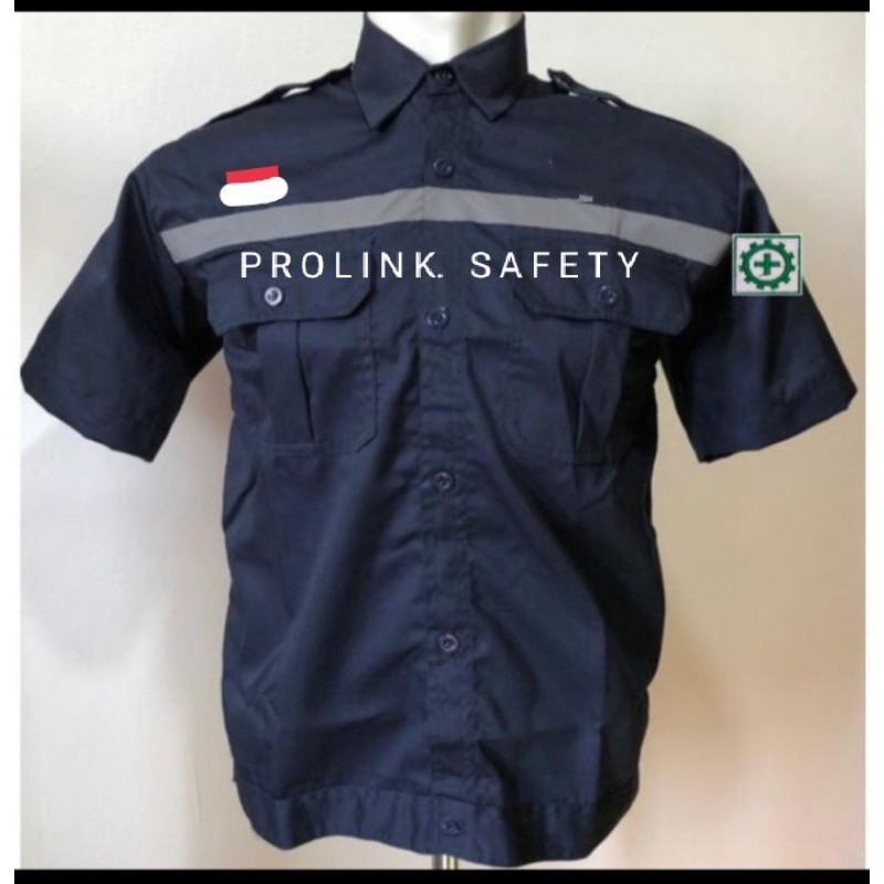 LENGAN PENDEK SERAGAM SAFETY DONGKER NAVY BERLOGO K3 BENDERA BAHAN PREMIUM DRILL