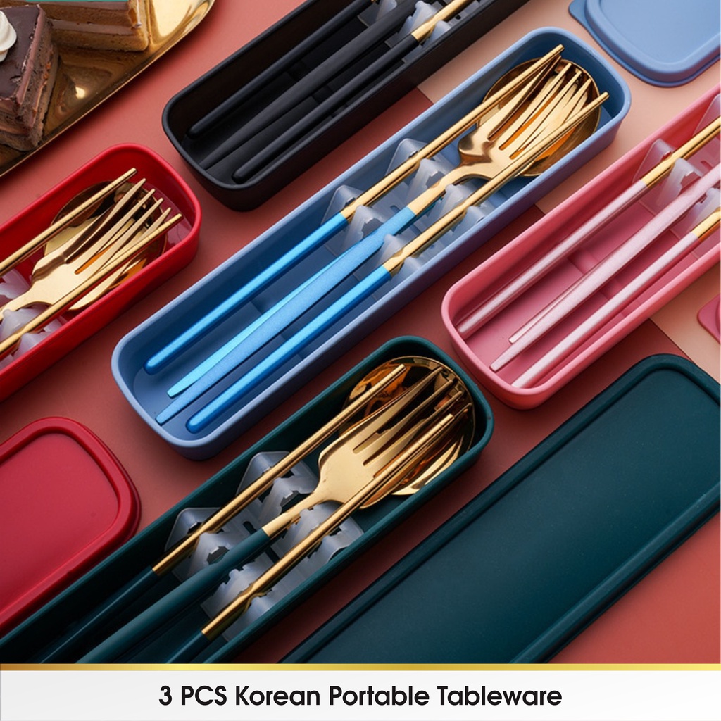 3 Pcs Set Sendok Alat Makan Cutlery Korea Garpu Sumpit Set Box Stainless Steel Travel Silver Gold Peralatan Makan Korea