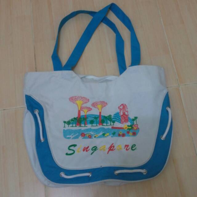 Bag Singapore Tas Wanita Fashion Kanvas Bordir Tas Belanja Tas Biru Putih Bagus import