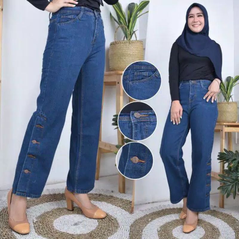 Boyfriend Jeans Wanita Denim Kancing Kaki