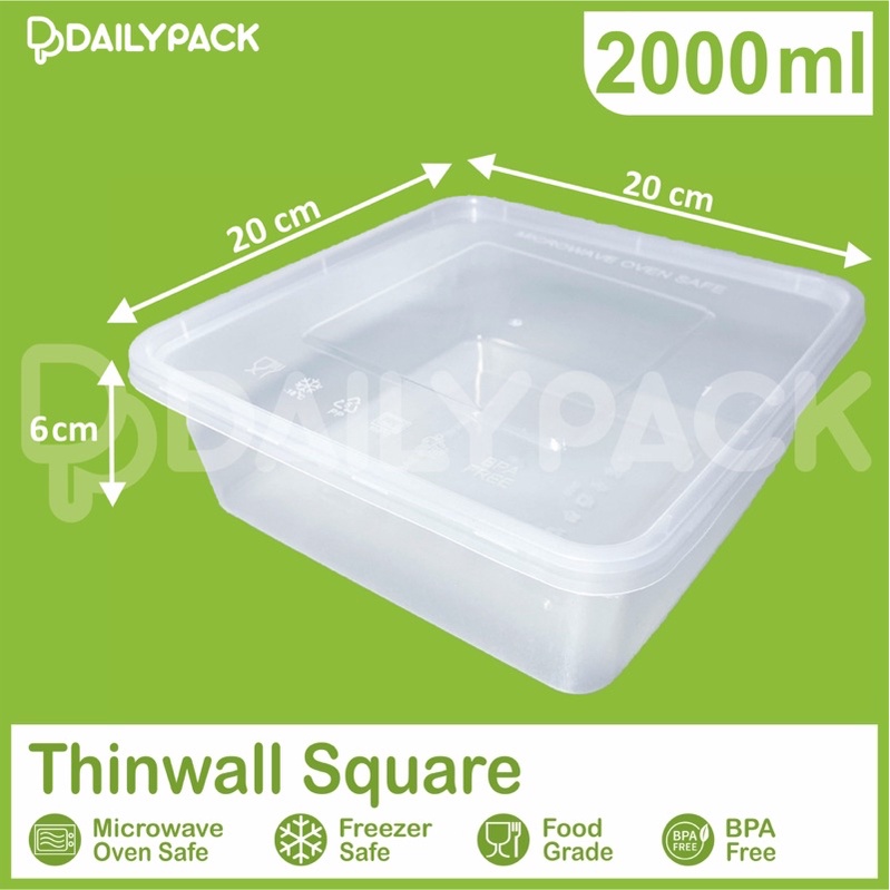 Thinwall SQUARE 2000 ml / KOTAK /Food Container / Kotak Makan Plastik