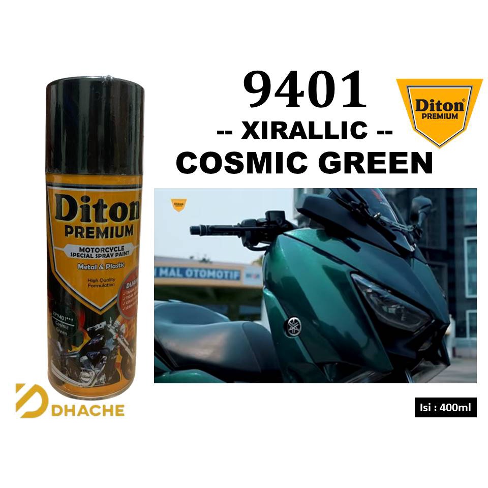 Cat Pilox Semprot Diton Premium XP 9401 Xirallic Cosmic Green 400cc Warna Hijau Sepeda Motor Mobil Velg Mesin Bodi