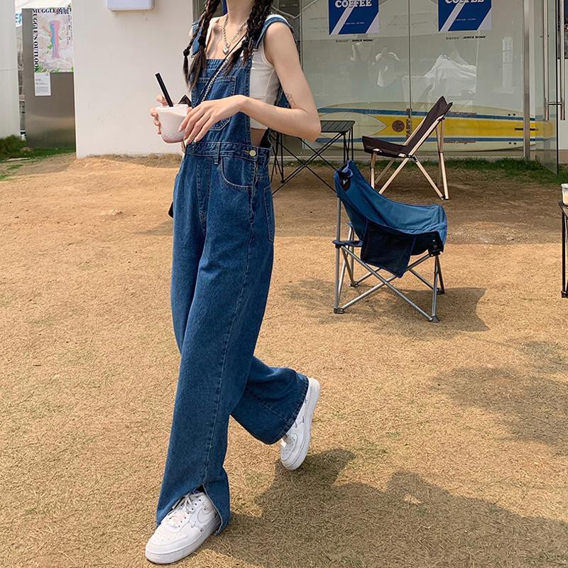 Suhao Baru keseluruhan slits slits vintage celana jeans wanita garis garam lurus kaki lebar jumpsuit