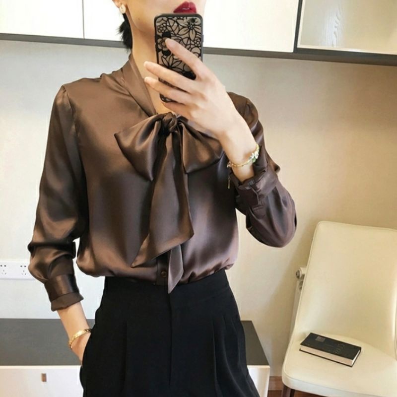 MDLV ~ 7132 Ridelian Tie Neck Shirt Blouse Satin Blouse Premium Blouse Import Blouse Korea Blouse Pita Blouse Casual Atasan Satin Lengan Panjang Fashion Wanita Fashion import