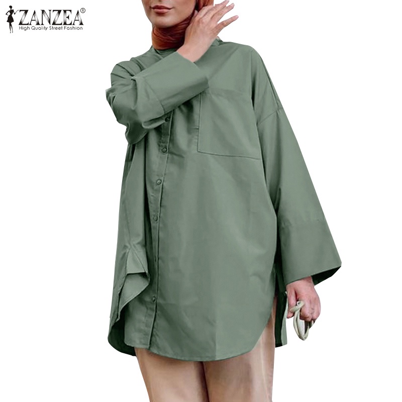 ZANZEA Women Daily Casual Solid Color Turn-Down-Collar Full Sleeve Loose Muslim Blouse