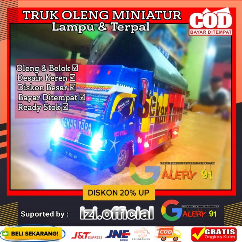 Miniatur Truk Oleng Miniatur Truk Sekar Taro Full Lampu &amp; Terpal Murah Roda Kayu // Truk Oleng