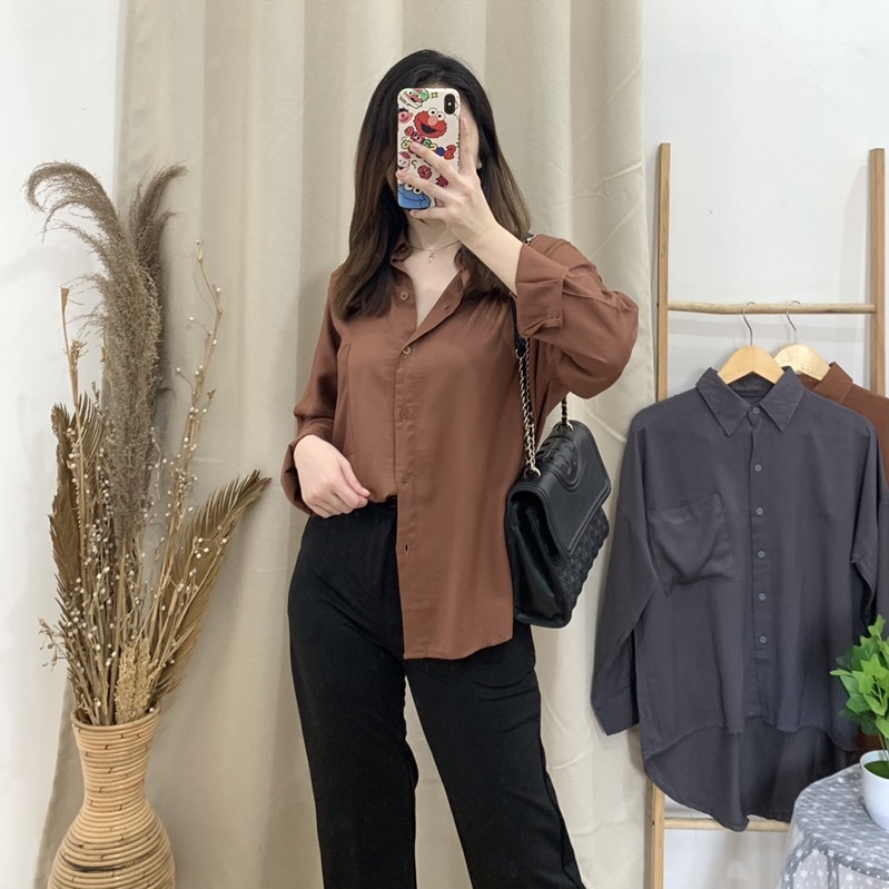 [PLENARIO] Gorgie Long Shirt | kemeja basic - kemeja oversize - kemeja rayon - atasan rayon - basic shirt - rayon shirt - BIG SIZE - COD