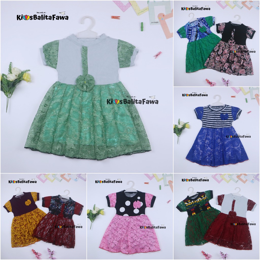 Dress Yuki uk 3-4 Tahun / Dres Lengan Anak Perempuan Import Brukat Baju Gaun Pesta Adem Murah