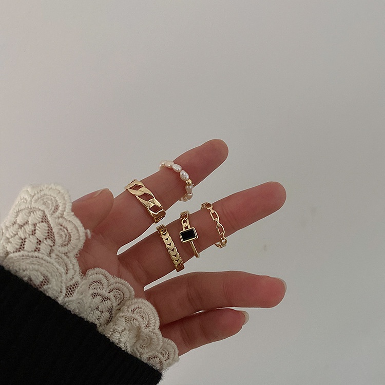 5pcs / Set Cincin Knuckle Geometris Warna Emas Gaya Korea Untuk Wanita