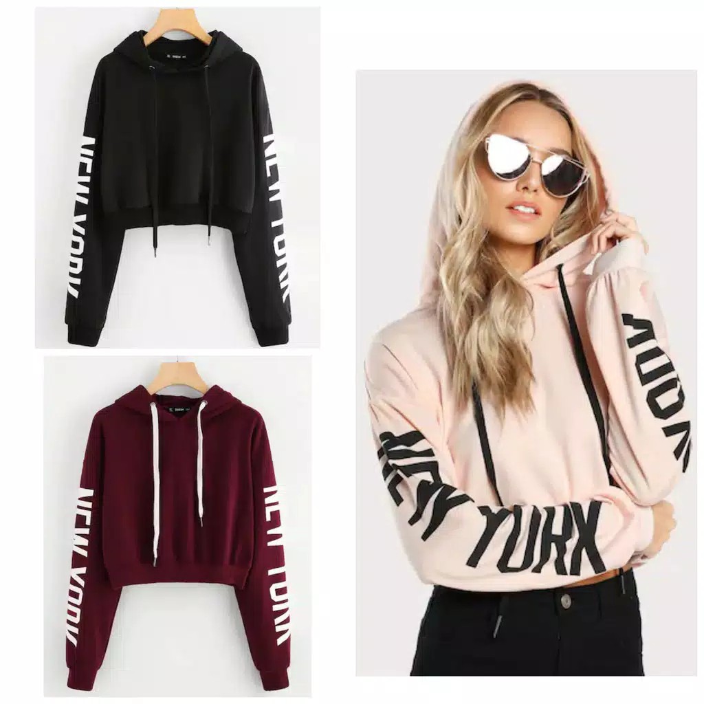 SWEATER ATASAN WANITA CROP HOODIE LENGAN PANJANG PRINT NEW YORK BABYTERRY