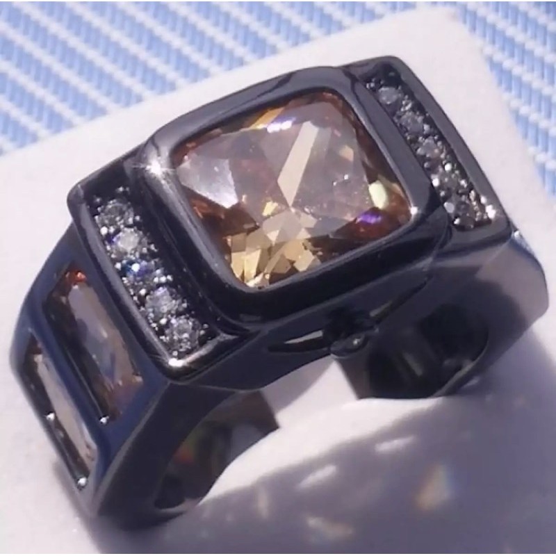 Cincin Pria Batu Smoky Quartz Champagne Minimalis Modern Elegan Ring Hitam Anti Luntur dan Karat