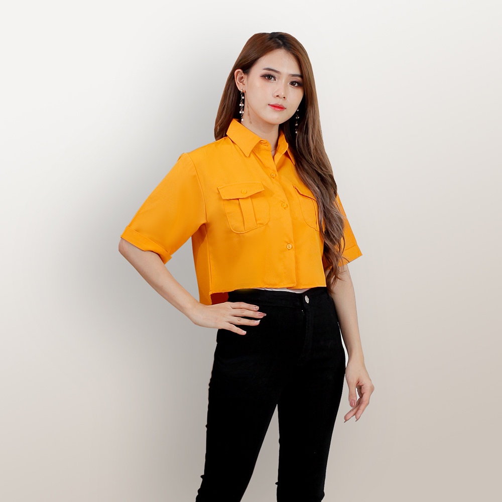 Kemeja cropped lengan pendek wanita gaya Korea variasi kantong warna model terbaru  - XSHOP Lihua