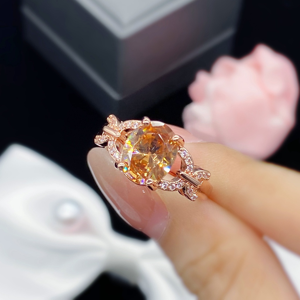 Permata Sampanye Cincin Baja Titanium Kristal Rose Gold Berlian Fashion Wanita Pertunangan Pernikahan Rings