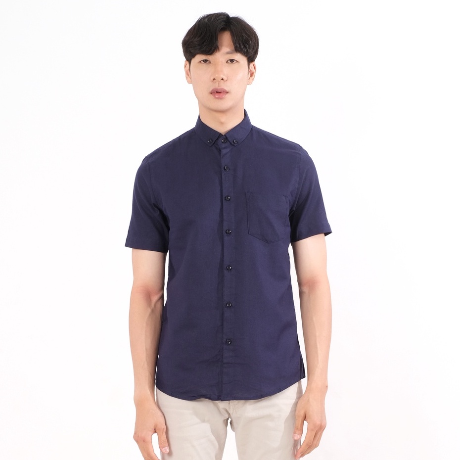 SANVANINA Kemeja Pria Polos SlimFit Navy | Short Basic Rami Navy E-1507B