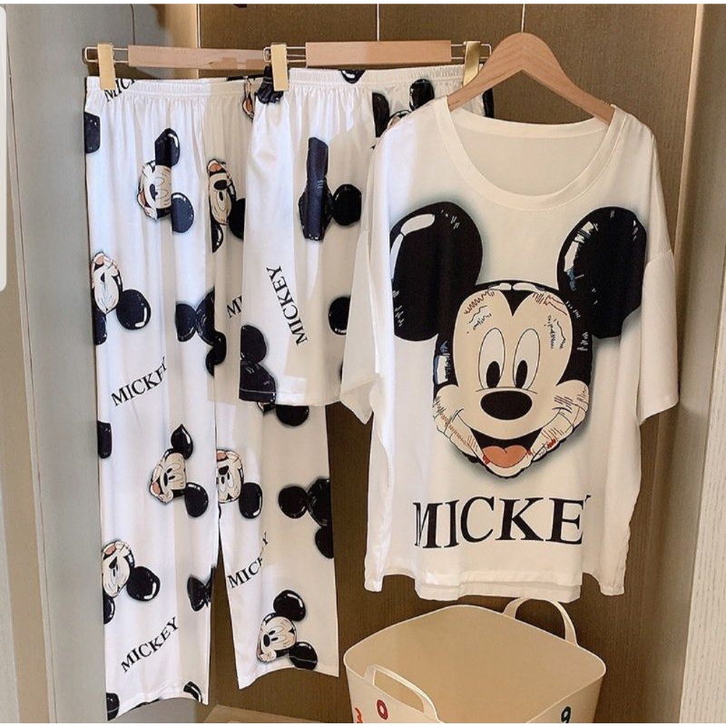 BAJU TIDUR BAJU PIYAMA SET WANITA DEWASA MICKEY MOUSE 3 IN 1 BAHAN KAOS CELANA PANJANG DAN PENDEK XX