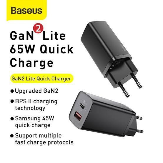 BASEUS ORIGINAL Adaptor Charger Gan 2 Lite 65W Type C USB Quick Charge 4.0 Kepala Fast Charging Qual