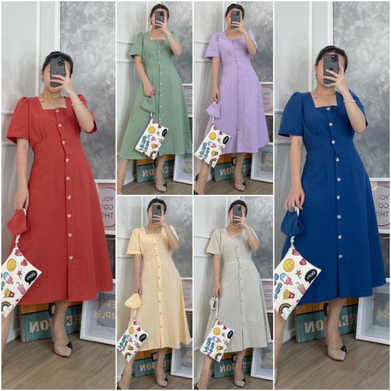 ❣️ SPECIAL PRICE ♡ PREMIUM ♡ ORIGINAL ! JUANITA VINTAGE PLAIN SQUARE NECK BUTTON MIDI DRESS ( BUSUI FRIENDLY )