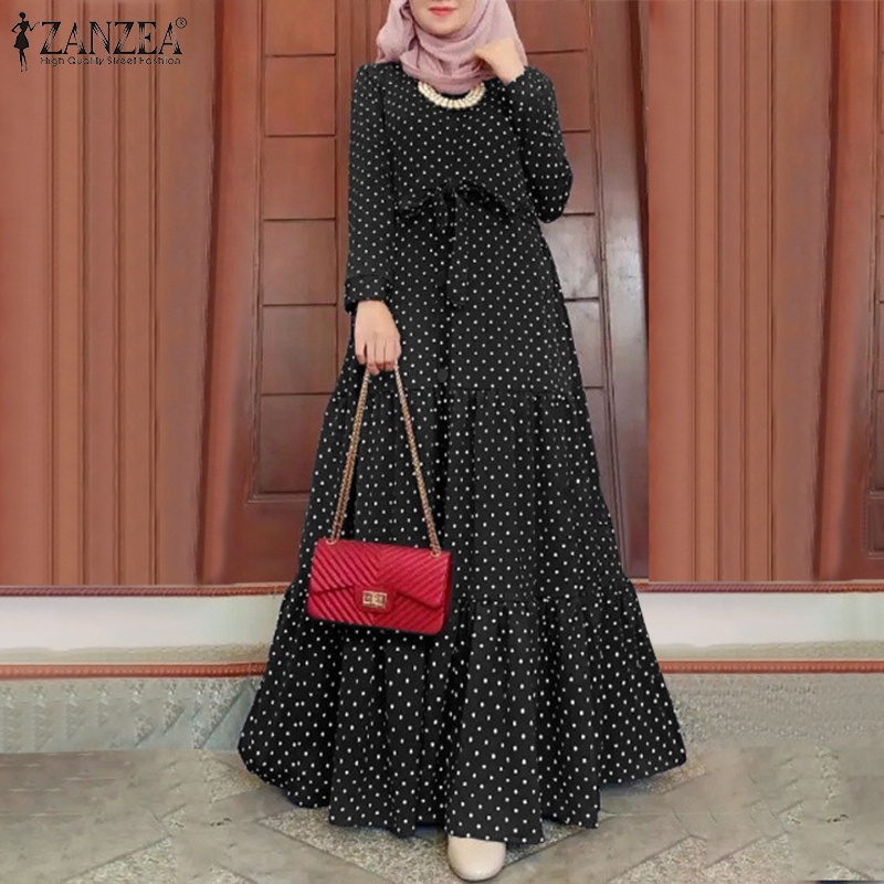 ZANZEA Women Fashion Full Sleeve O Neck Belt Polka Dot Printed Reto Muslim Maxi Dress