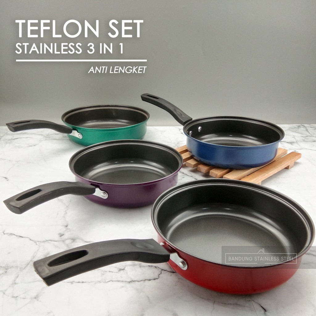 COOKWARE TEFLON SET WARNA WARNI STAINLESS 3 IN 1 WAJAN PANCI PENGGORENGAN