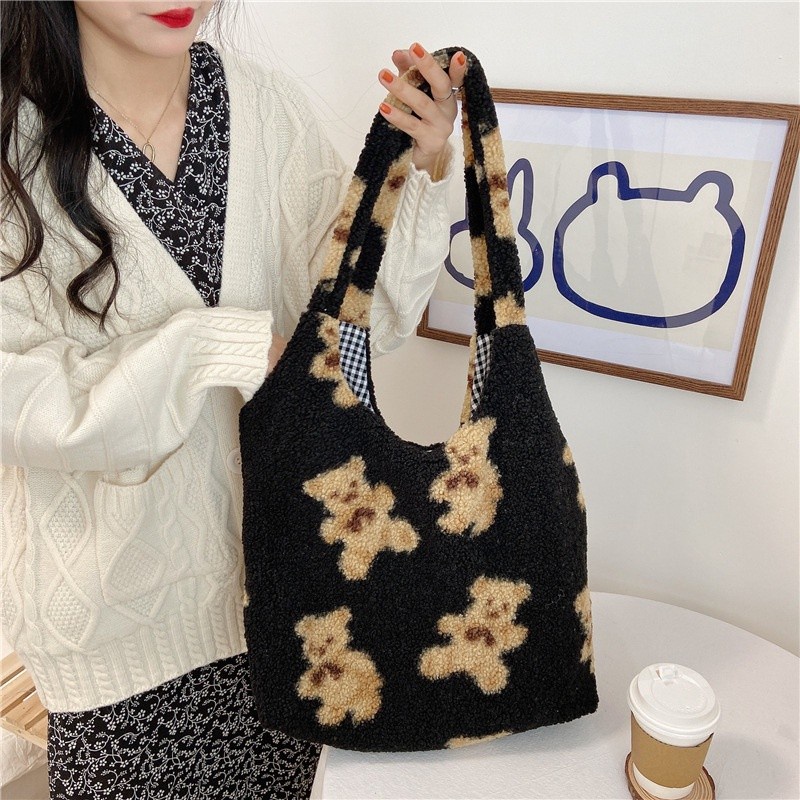 TB-79 tas bahu bulu halus motif beruang cute bear import korea jepang