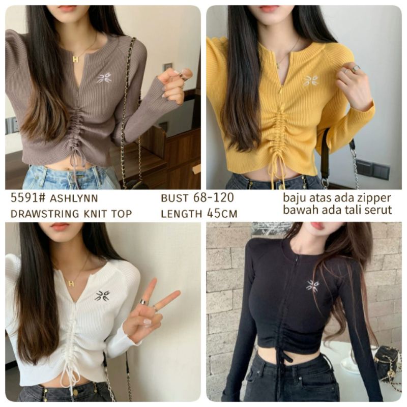 MDLV ~ 5591# Ashlynn Drawstring Knit Top Atasan Crop Blouse Rajut Serut Fashion Import