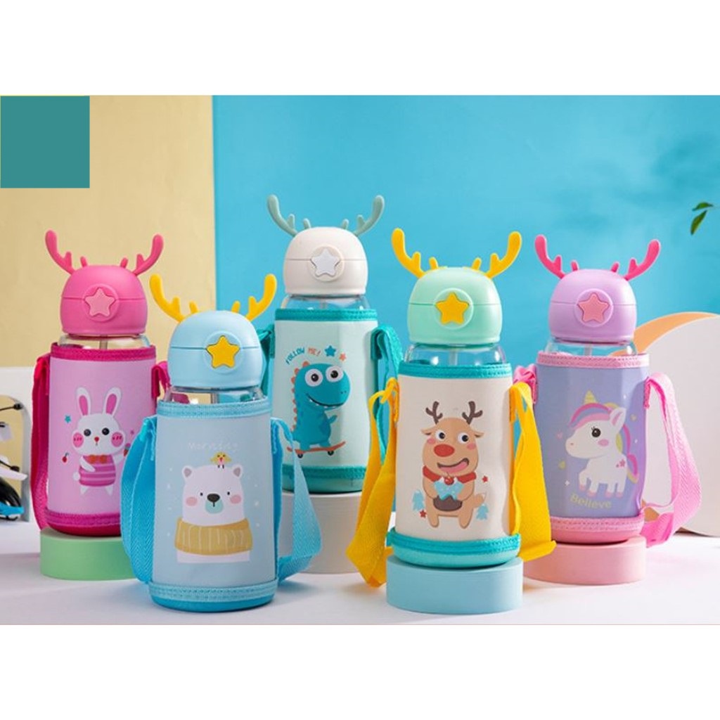 BOTOL MINUM ANAK SEDOTAN FREE POUCH / botol sedotan TANDUK RUSA sarung