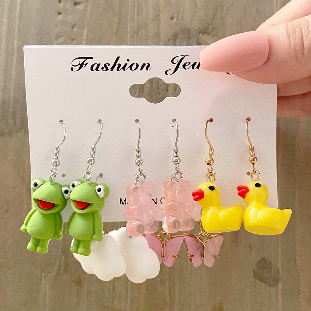 5 Set Anting Geometris Bentuk Hewan Katak Bebek Beruang Gummy Gaya Punk Untuk Anak Perempuan