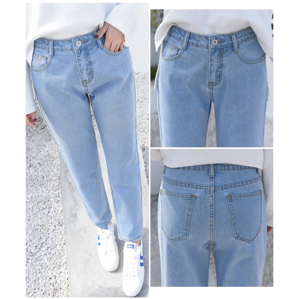 Ets_group Boyfriend Jeans Loose Tebal Celana Basic Wanita Biru Muda