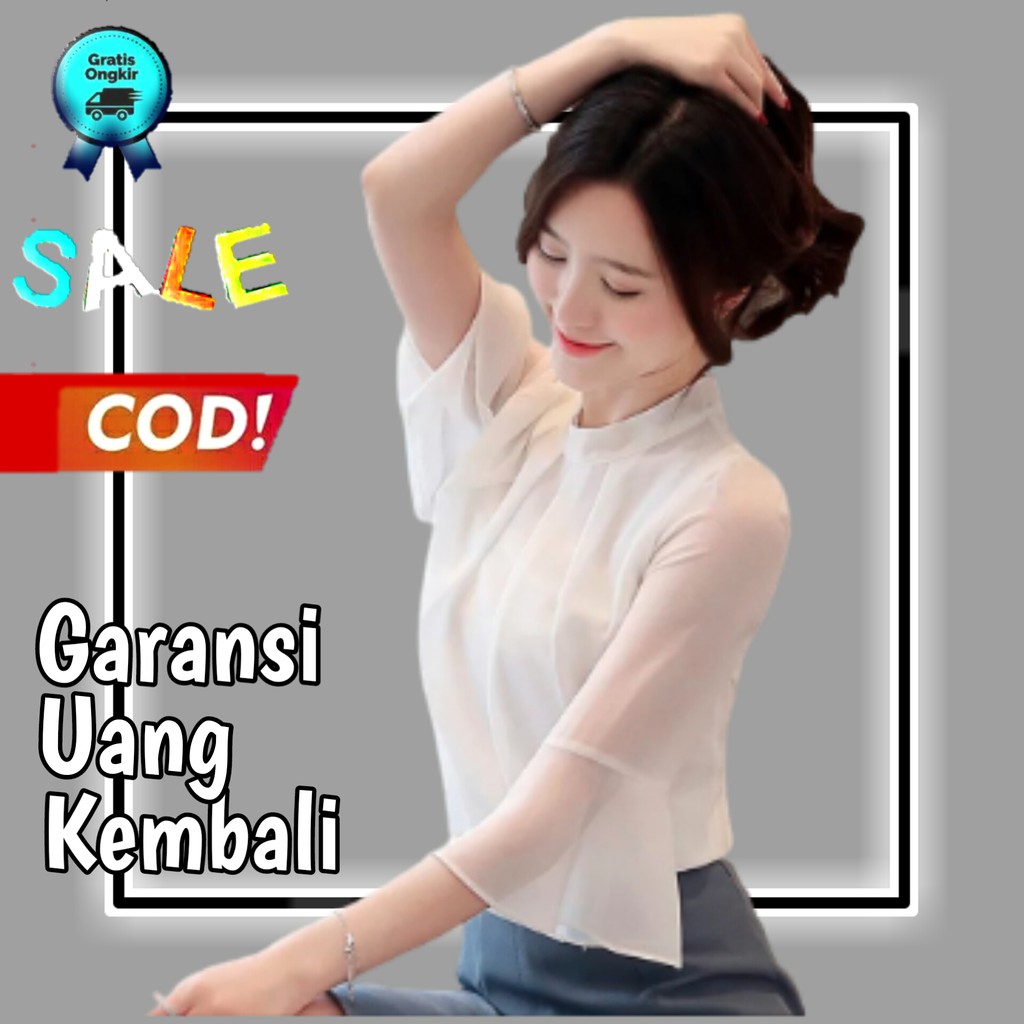 blouse sifon korea blouse lengan panjang blouse wanita korea blouse putih blouse wanita import A35