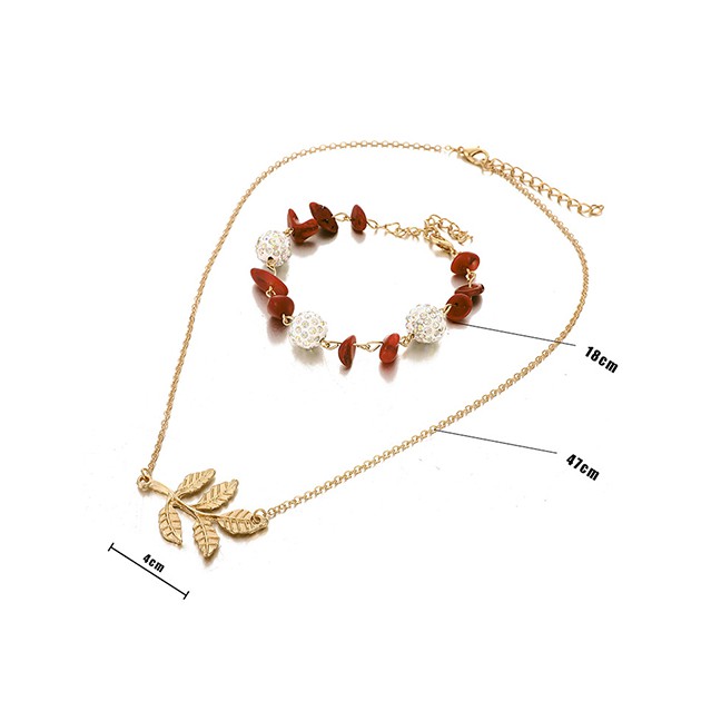 LRC Kalung Dan Gelang Fashion Gold Artificial Crystal Ball Gravel Leaf Necklace Bracelet Set