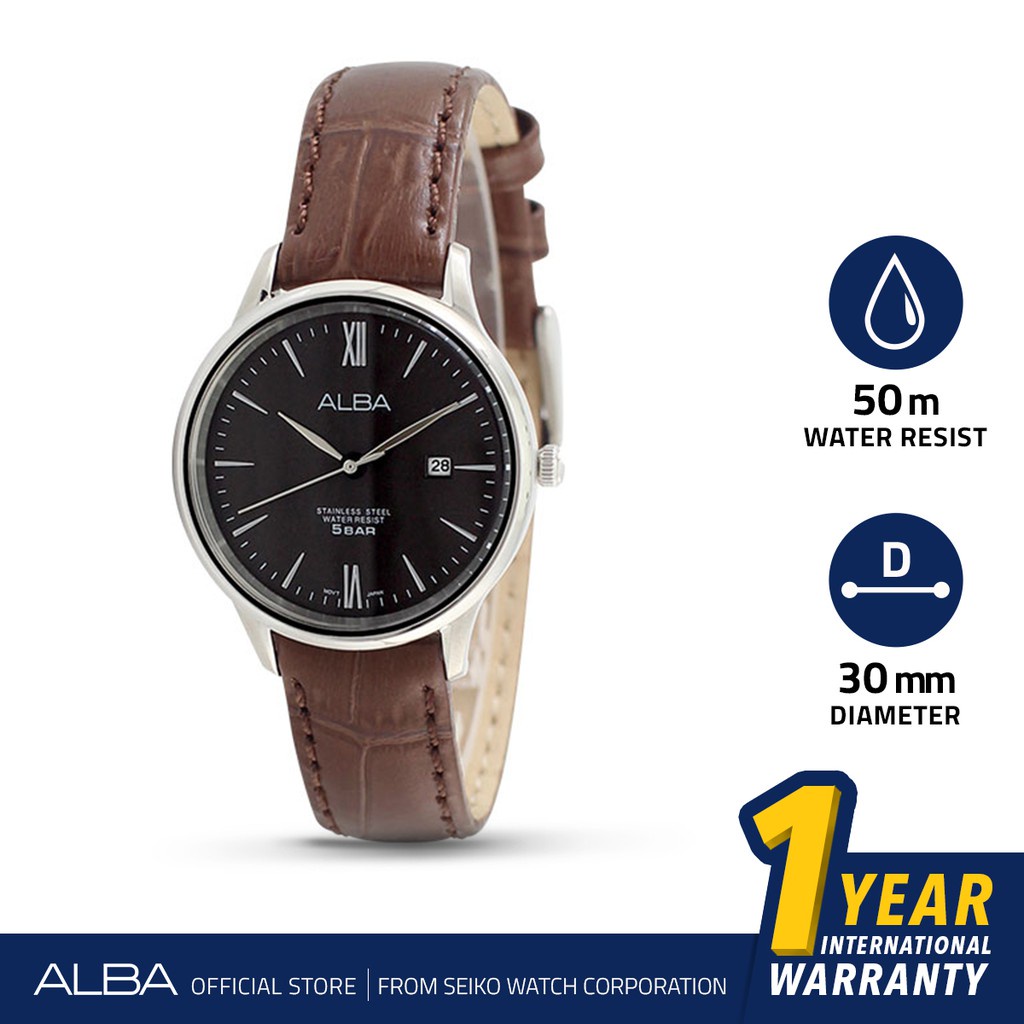 Alba Prestige Jam Tangan Wanita AH7P05 / AH7P05X1 Quartz Black Dial Brown Genuine Leather Strap Watc