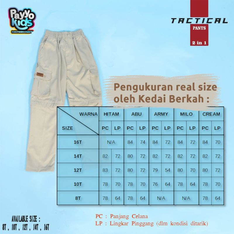 Afsheenastore Celana Taktikal 2in1 Payyo Kids 8-16T