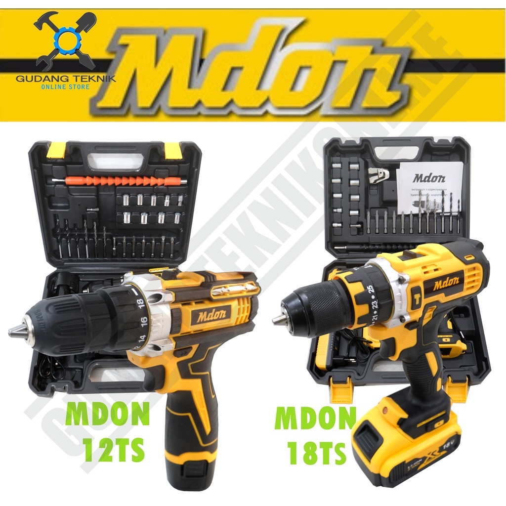 MDON Cordless Drill 10mm / Mesin Bor Tangan BATERAI Besi Kayu Beton - Impact Drill MDON 12TS 18TS