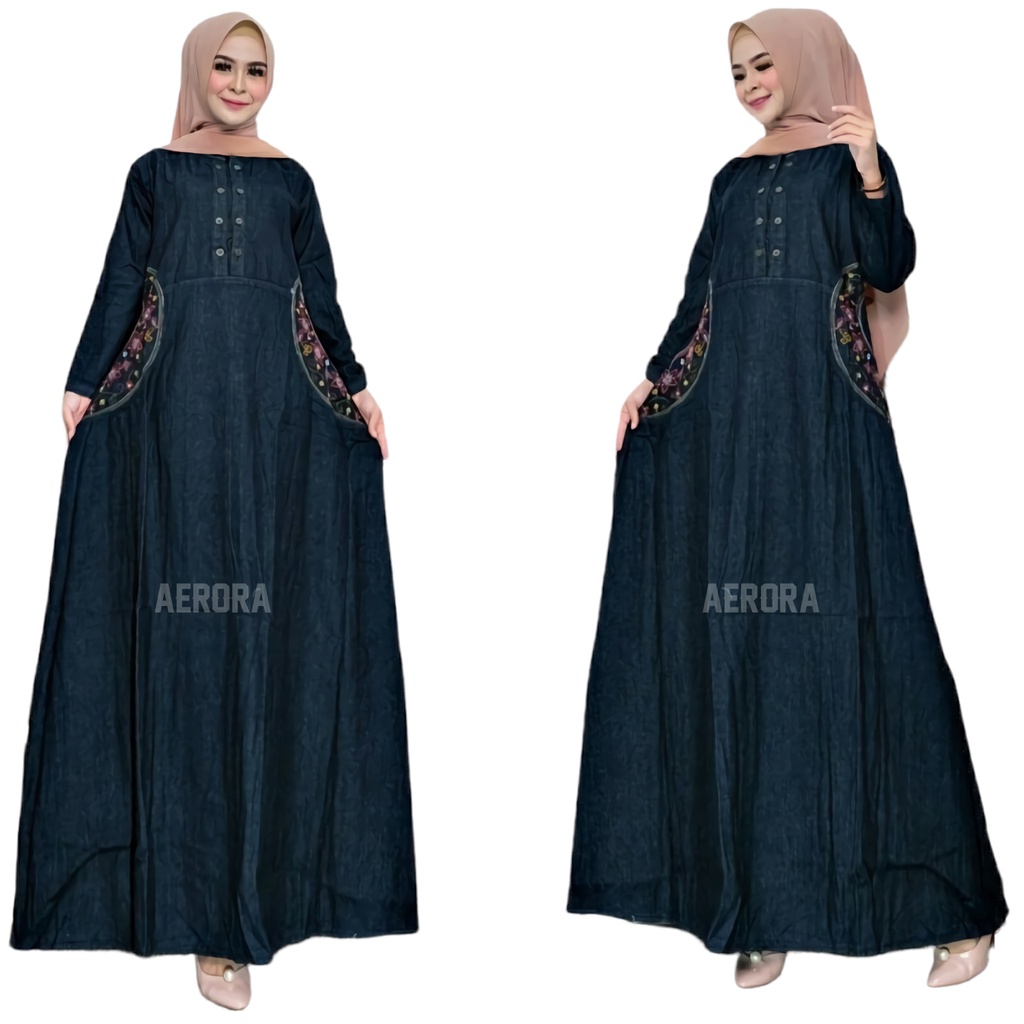 Baju Gamis Dewasa Jeans Jins Denim Jumbo Wanita Terbaru 2023 Dress Kondangan Busui Kombinasi Bordir Cantik Kekinian Ld 114 P 135 Behira Maxy Allsize