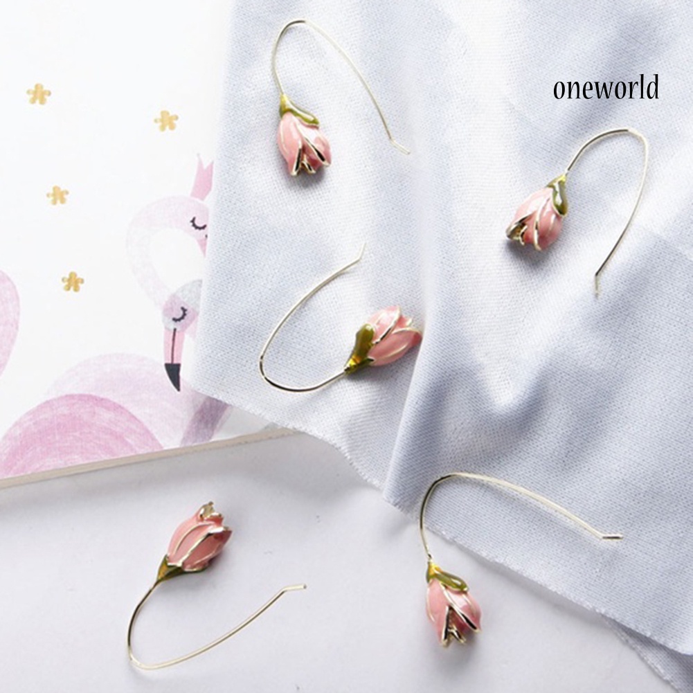 OW@ Vintage Tulip Enamel Flower Pendant Women Hook Earrings Valentine Day Gift