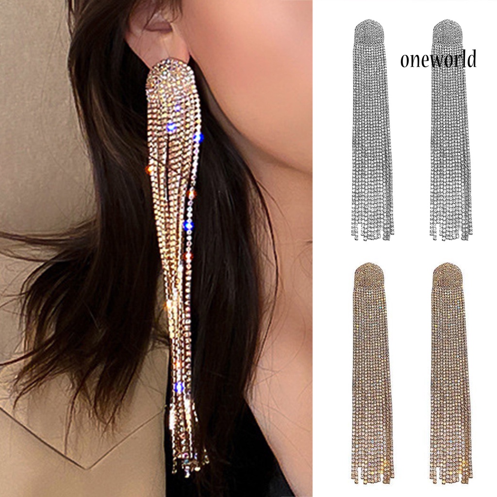 OW# Long Full Rhinestone Tassel Earrings Alloy Shiny Women Dangle Earrings Jewelry Accessories