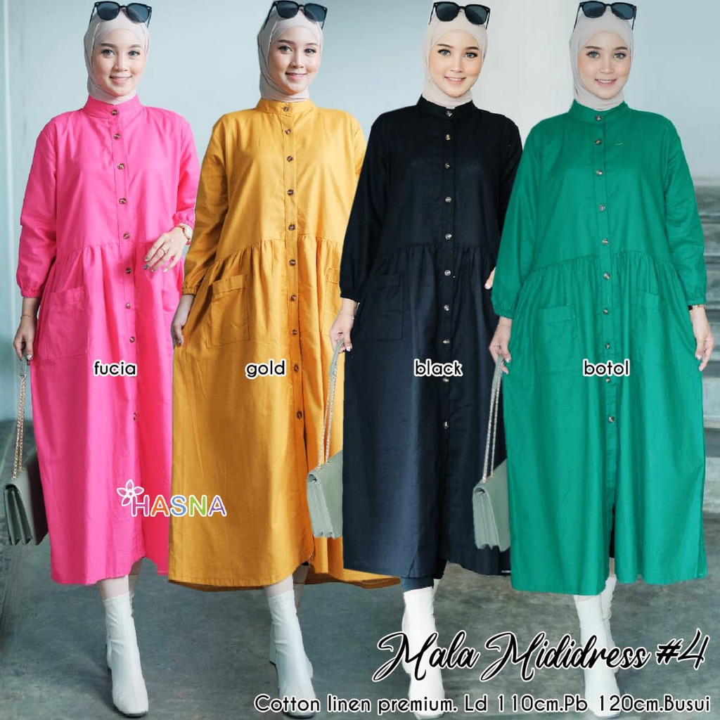 Hasna Hijab Mala Midi Dress Wanita Warna Fucia Pink Fanta Motif Polos Ld 110 Bahan Katun Linen Premi