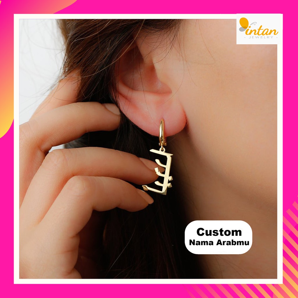 Anting Nama Arab Huruf Custom Anak Ukir Titanium Lapis Emas Perak Giwang Subang Inisial Sendiri Set