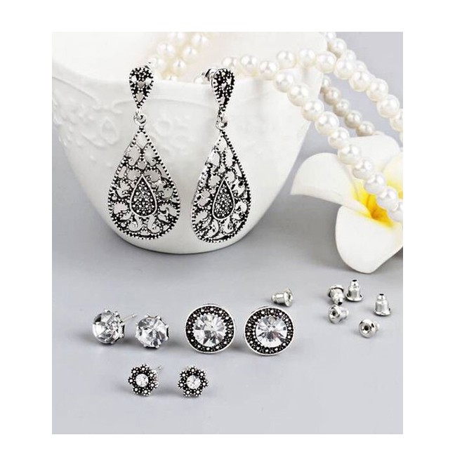 LRC Anting Set Fashion Silver Color Diamond Decorated Earrings a57024