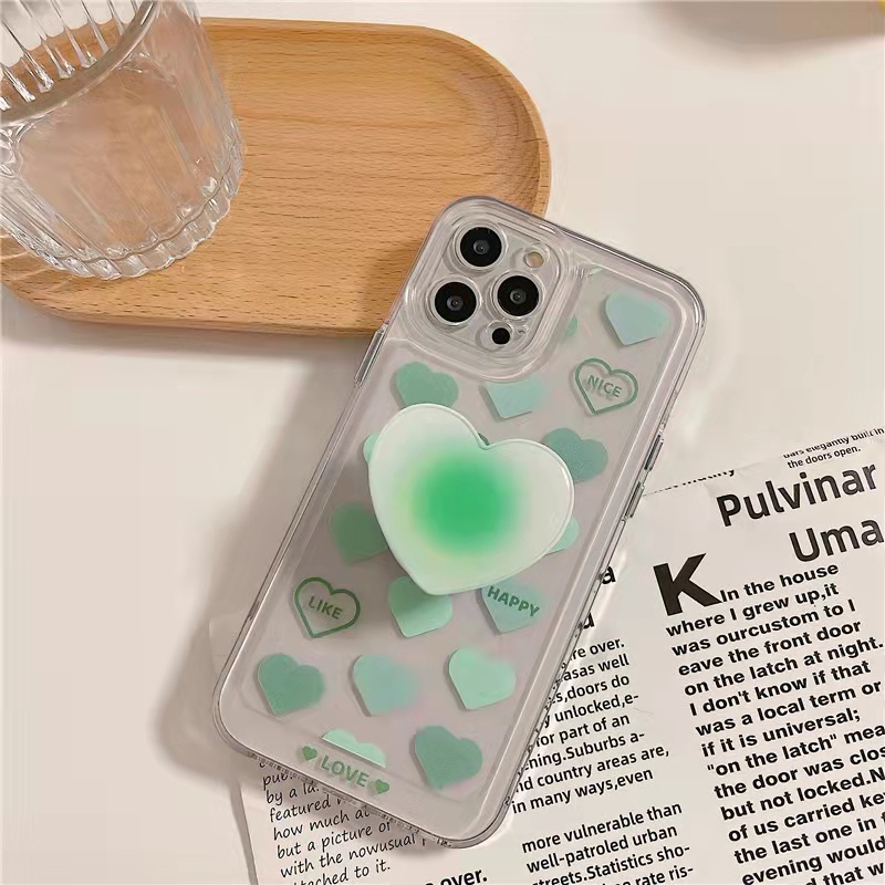 Case Akrilik Transparan 13 Pro 13prm Motif Hati Hijau Dengan Holder Untuk iPhone 11 7Plus 8Plus Xr XS 13 12 Pro Max