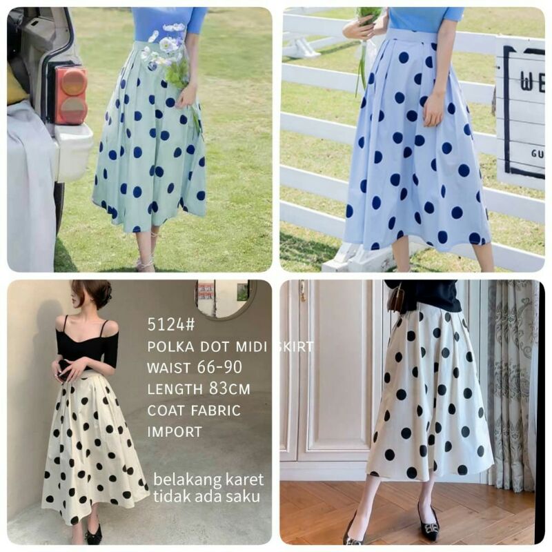 5124 Rok maxi skirt panjang polkadot putih wanita import rok panjang motif polka cewek import biru